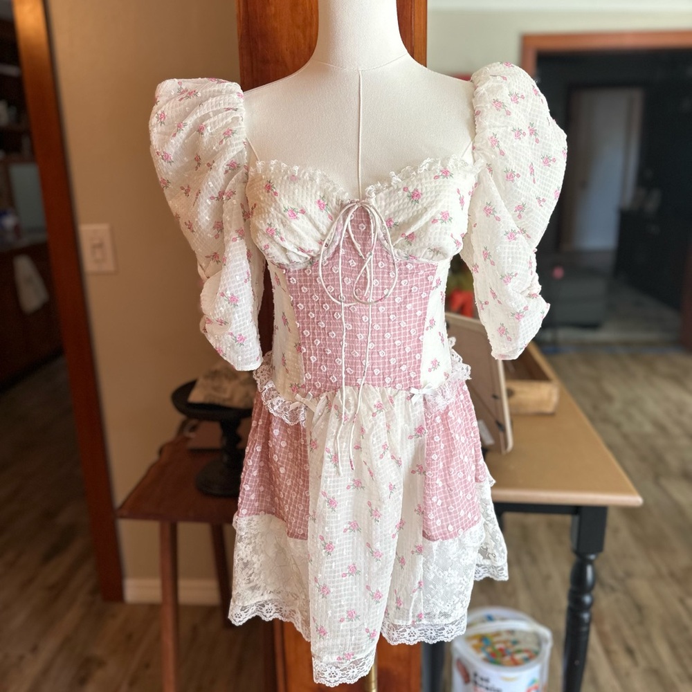For Love And Lemons Pink and White Mini Dress